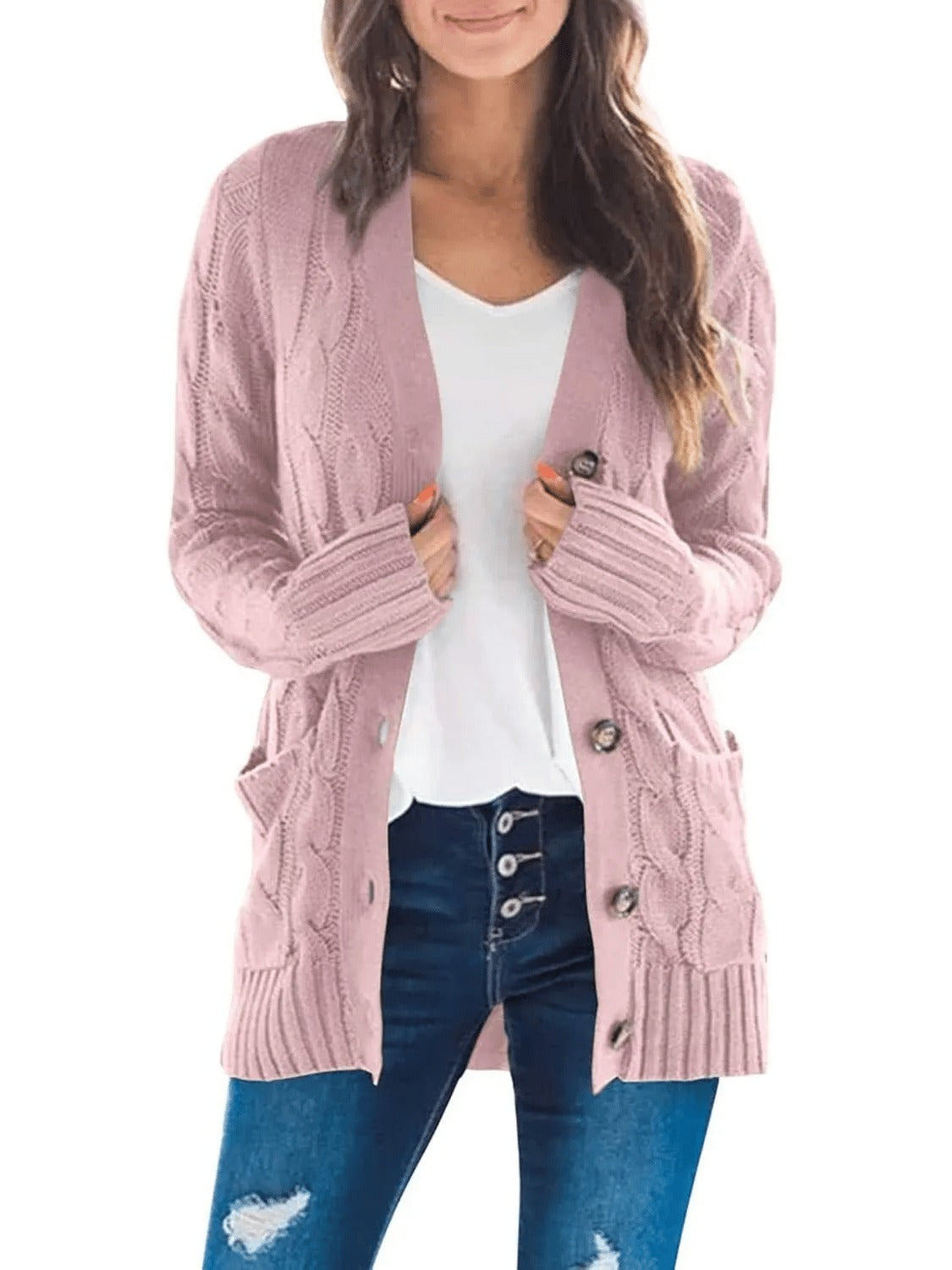 Damesvest voor de herfst met lange mouwen, gebreid en met knopen