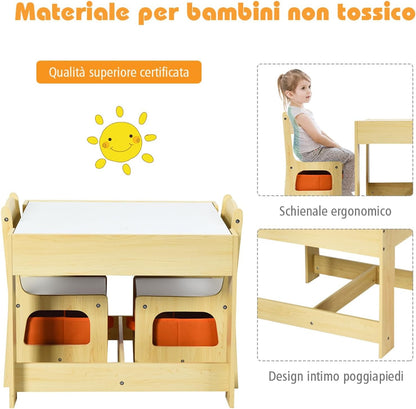 Tavolino 3 in 1 per Bambini con Lavagna, Sedie & Cestini