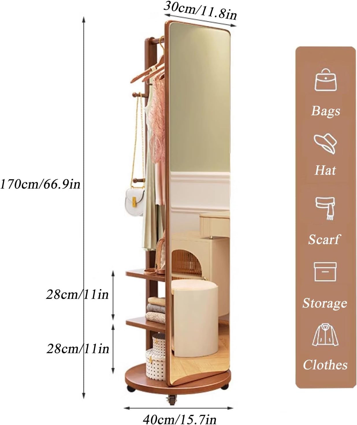 Spiegel Intero in massief hout met wielen en planken