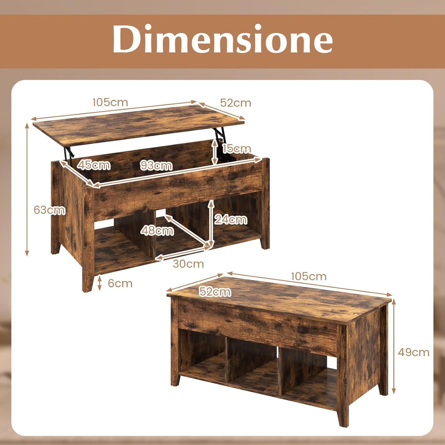 C-Tavolino da caffè con piano sollevabile e contenitore nascosto