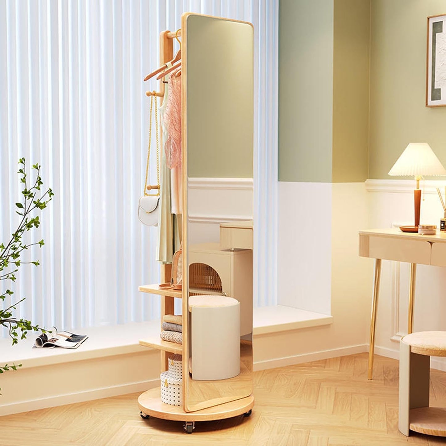 A-Specchio Intero in Legno Massello con Ruote e Ripiani