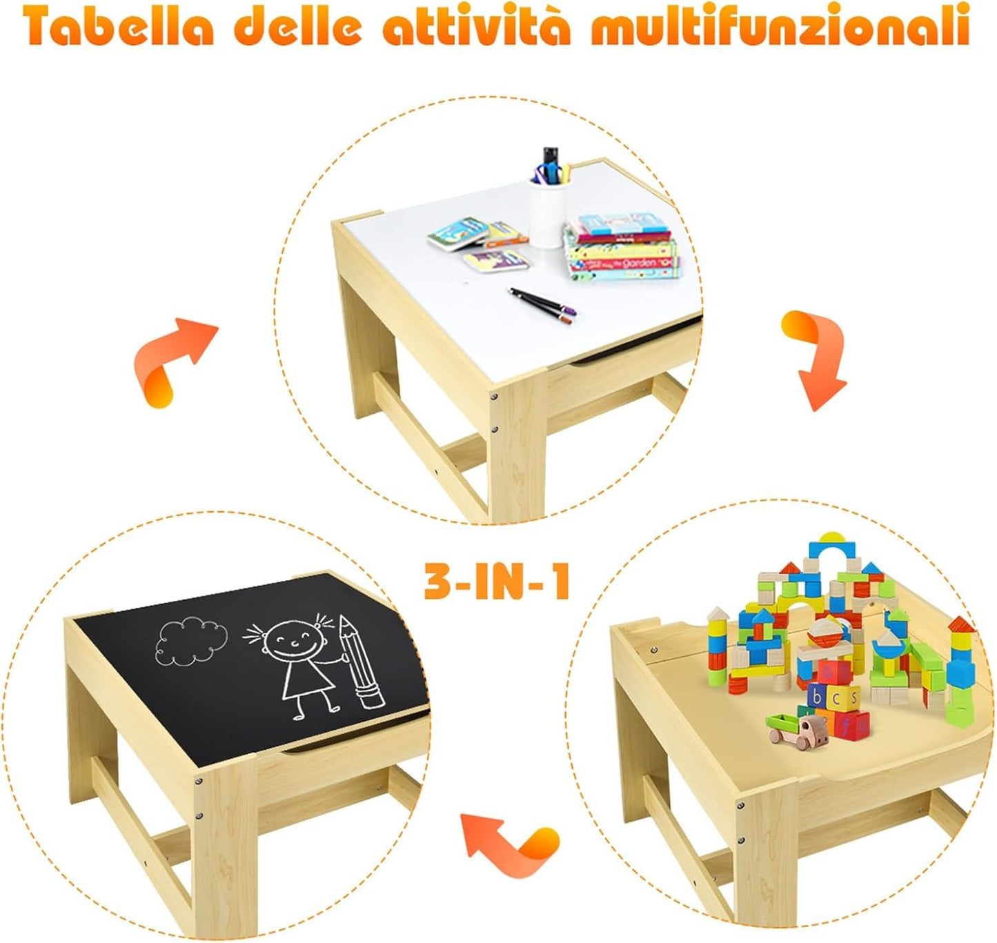 Tavolino 3 in 1 per Bambini con Lavagna, Sedie & Cestini