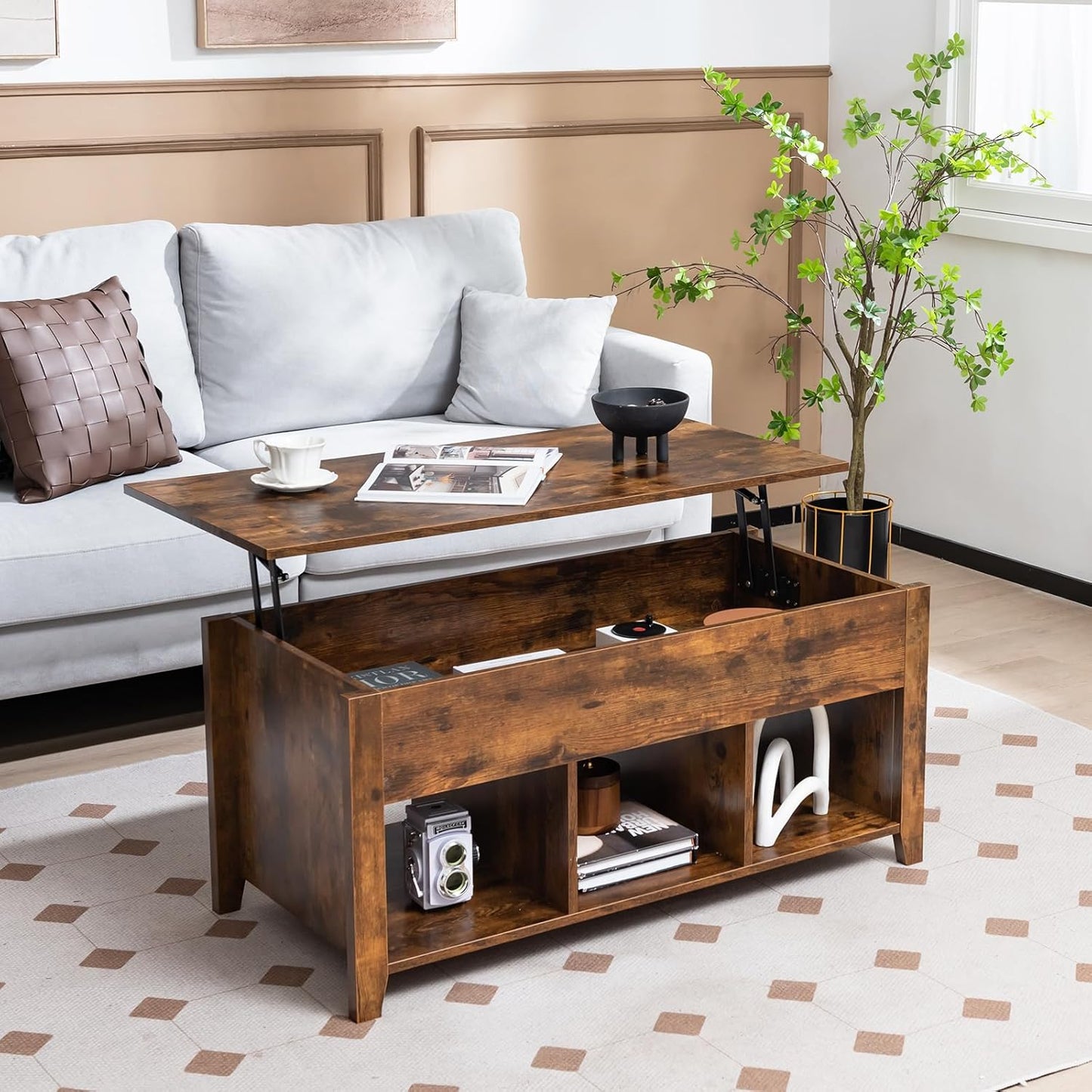 C-Tavolino da caffè con piano sollevabile e contenitore nascosto