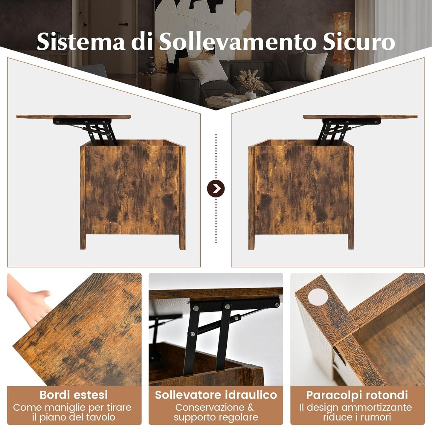 C-Tavolino da caffè con piano sollevabile e contenitore nascosto