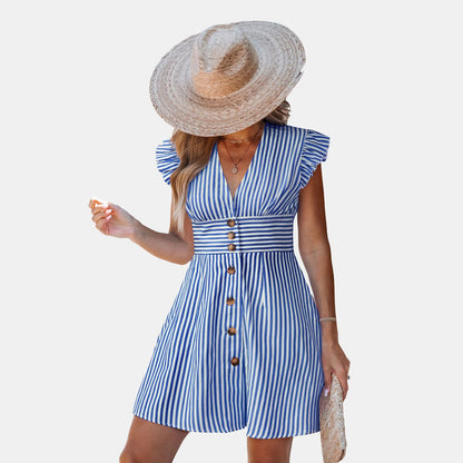 Abito camicia a righe con bottoni e maniche a balze da donna