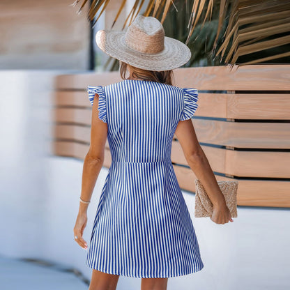 Abito camicia a righe con bottoni e maniche a balze da donna